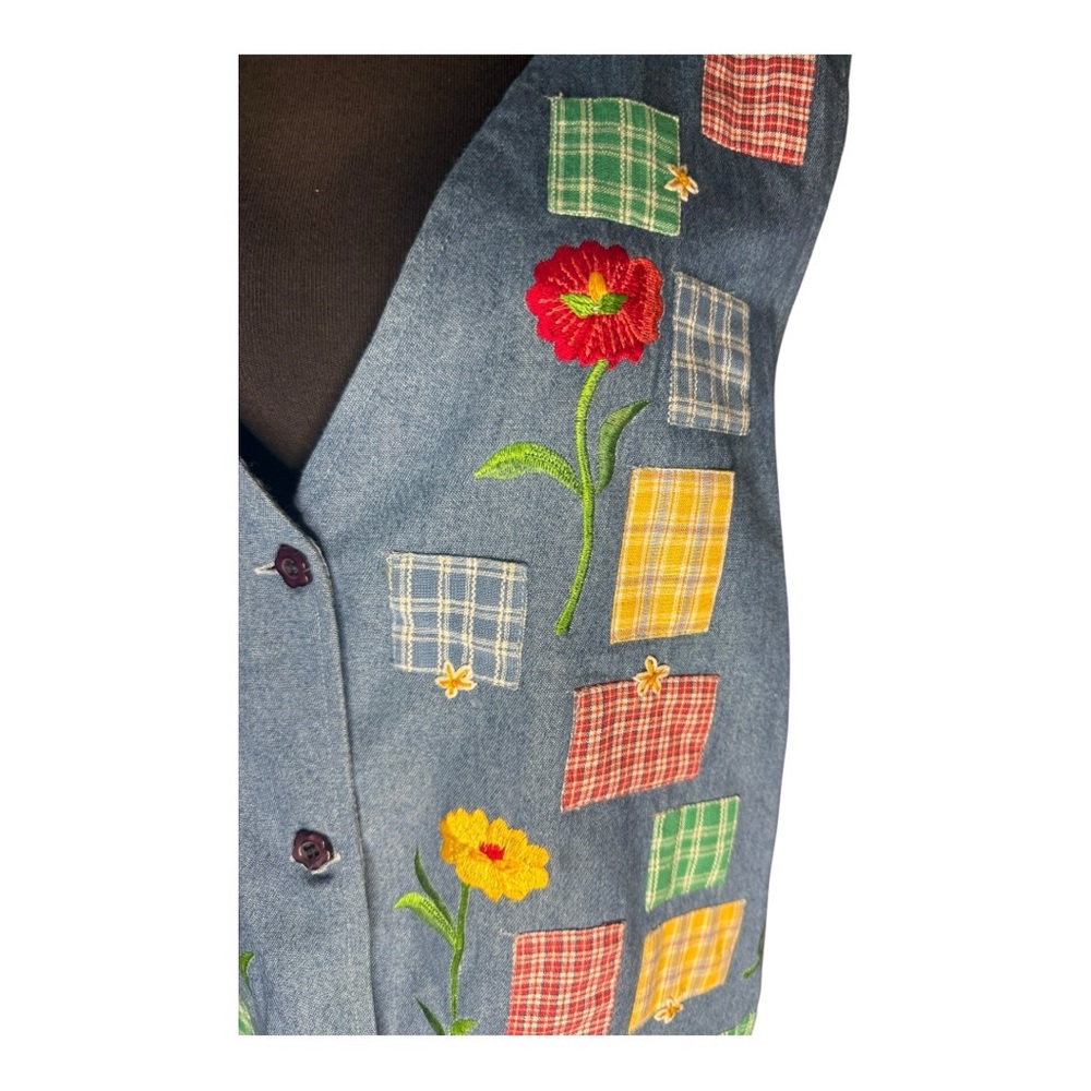 Vtg Chambray Patchwork Floral Plaid Cottagecore V… - image 3